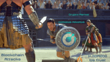 a poster showing a gladiator holding a sword and shield with the words blockchain attacks in komodo we trust at the bottom