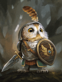 a painting of an owl in armor holding a shield and a sword