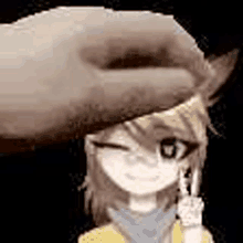 a person is putting a hat on a cartoon girl .