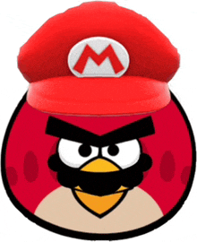 an angry bird wearing a red hat with a mario logo on it