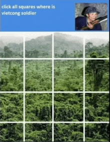 a picture of a man holding a gun in a jungle with the words click all squares where is vietcong soldier