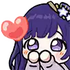 a cartoon girl with purple hair is holding a red heart .