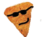 a tortilla chip with a face drawn on it and sunglasses on .