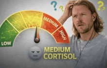 a man scratches his head in front of a gauge that reads medium cortisol