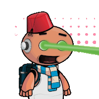 a cartoon character with a red hat and a green laser beam