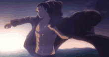 a man without a shirt is flying through the air in a cartoon .