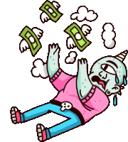 a cartoon of a man laying on the ground with money flying around him