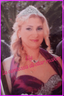 a woman wearing a tiara and a purple dress has the words " la contessa di star maker " on the bottom