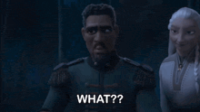 a man in a military uniform says " what " in front of a woman