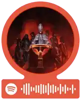 a red spotify sticker with a picture of a man holding a podium