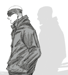 a black and white drawing of a man with his hands in his pockets and his shadow behind him