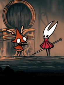 a cartoon character holding a sword stands next to another cartoon character