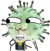 a cartoon virus drinking from a can of corona extra beer