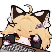 a cartoon drawing of a girl with a cat ear sitting at a keyboard