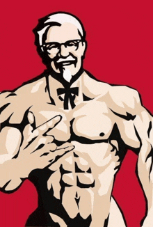 a cartoon of a shirtless man with glasses and a bow tie giving the middle finger