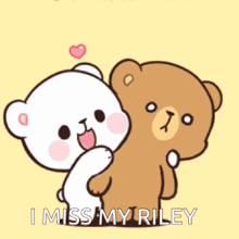two teddy bears hugging each other with the words `` i miss my riley '' written below them .