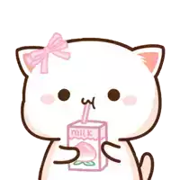 a cat with a pink bow on its head drinking a box of peach milk through a straw