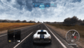 a video game shows a car driving down a road with a speedometer that reads 261 km / h