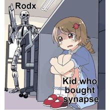 a cartoon of a girl sitting in front of a skeleton with rodx written on it