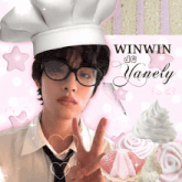 a man wearing a chef 's hat with winwin de yanely written on the bottom