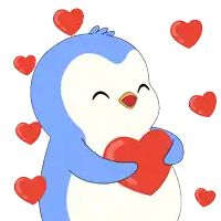 a blue and white penguin holding a red heart surrounded by hearts