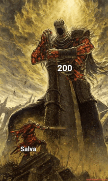 a painting of a giant holding a sword with the number 200 next to it