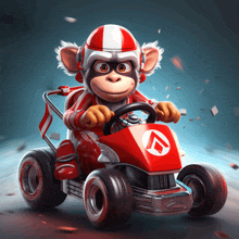 a monkey wearing a red and white helmet is riding a red go kart