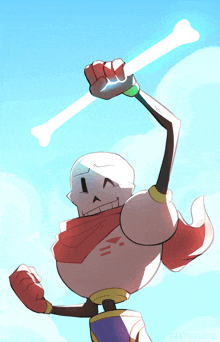 a cartoon drawing of papyrus holding a bone in the air