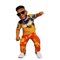 a cartoon character wearing sunglasses and a das vibes shirt is dancing