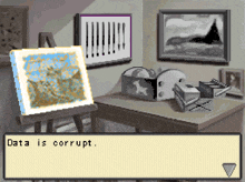 a pixel art scene with a painting on an easel and the words " data is corrupt " on the bottom