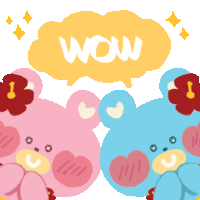 two teddy bears are standing next to each other with a speech bubble saying wow