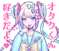 a pixel art drawing of a girl with a bow on her hair