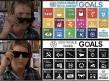 a poster of sustainable development goals with a man wearing sunglasses