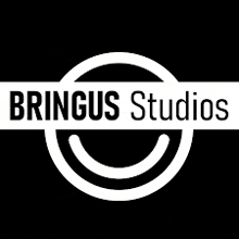 the logo for bringus studios is a white circle with a smiling face inside of it .