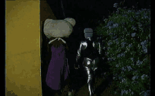 a man and a woman are walking through a lush green field at night .