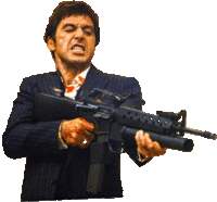 a man in a suit is holding a gun with blood on his face