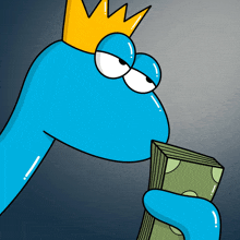 a blue cartoon character with a yellow crown on its head holds a stack of money