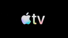the apple tv logo is on a black background with a rainbow colored apple .