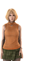 a woman wearing an orange sweater and a green skirt