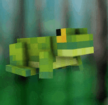 a green frog with a yellow head is sitting on a green surface