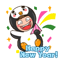 a penguin holding a confetti cannon with the words happy new year written below it