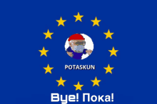 a blue background with yellow stars and a picture of a man wearing a mask with the name potaskin on it