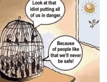 a cartoon of a group of people in a cage talking about being safe .