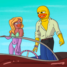 a cartoon of a man and a woman standing next to each other in a boat