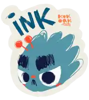 a sticker with a blue face and the word ink