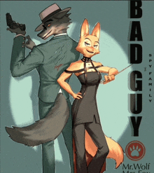 a cartoon of a wolf and a fox standing next to each other with the words bad guy on the bottom