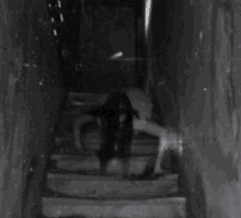 a black and white photo of a person crawling up stairs .