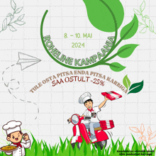 an advertisement for roheline kampaania shows a chef on a scooter holding a pizza box