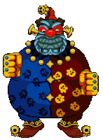 a pixel art drawing of a clown with skulls on his clothing