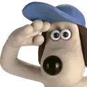 a cartoon dog wearing a blue hat salutes with his hand over his face .